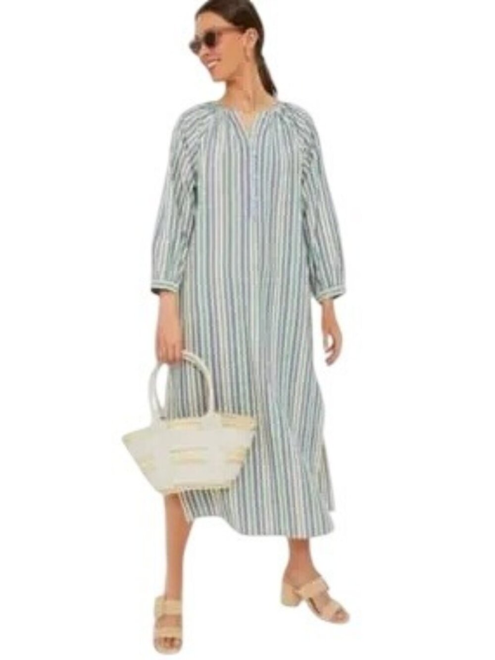 Tuckernuck Pomander Place Multicolor Striped Heidi Kaftan Dress Pink Green XLG